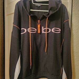 Bebe Black Windbreaker Hoodie with Pink Logo and Orange Details